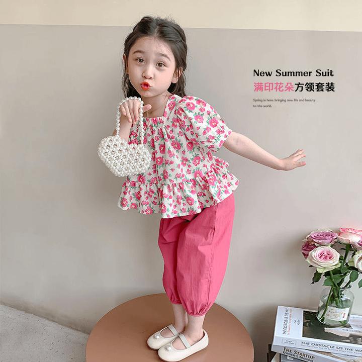 女童夏季2024新款洋气时髦小女孩宝宝儿童方领碎花套装中小童套装