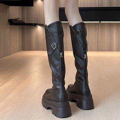 后拉链不过膝骑士靴2024秋冬季新款小个子厚底高筒弹力长筒靴子女
