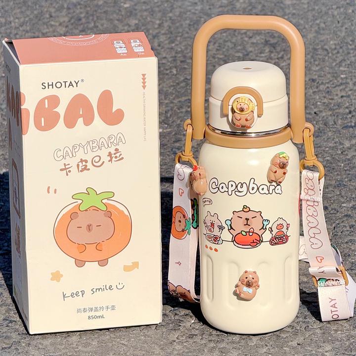 卡皮巴拉儿童保温杯女生大容量316L不锈钢水杯带茶隔学生便携水壶