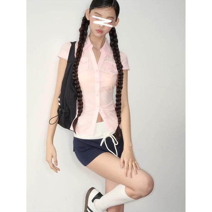 MosesQueen/魔西女王掐腰修身显瘦短袖T恤口袋收腰气质衬衫上衣