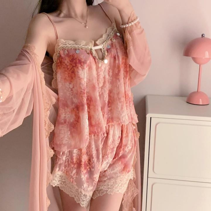 【洛日晚霞】性感吊带甜美显瘦时尚蕾丝轻奢气质女士睡衣扎染烧花