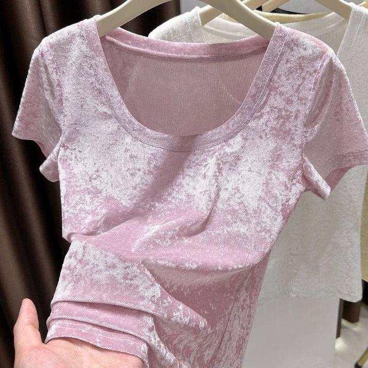 U型T恤新款冰花绒气质休闲柔软时尚短袖显瘦欧若风【8806】