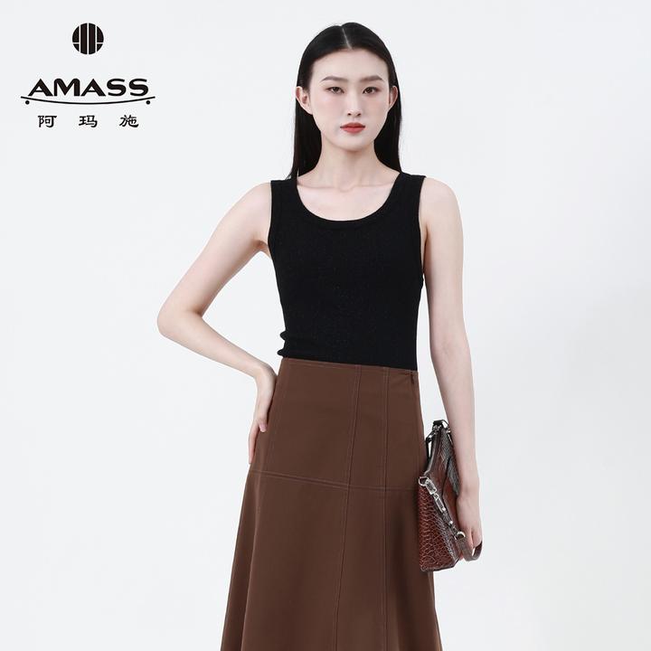 阿玛施AMASS薄款时尚质感打底吊带简约领绵羊毛背心女装538074