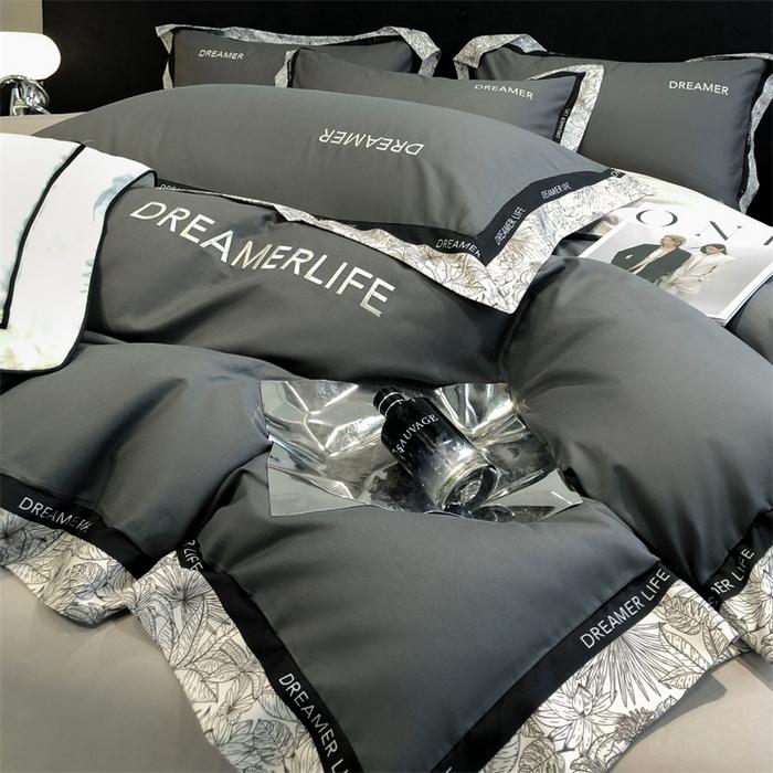 新款全棉轻奢法式刺绣裸睡四件套简约纯色单人学生宿舍床上四件套