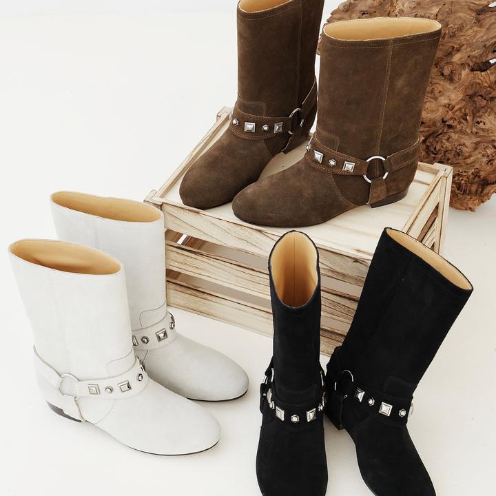 InkingPot彭姐 复古铆钉牛皮中筒靴女圆头西部牛仔短靴轻便直筒靴