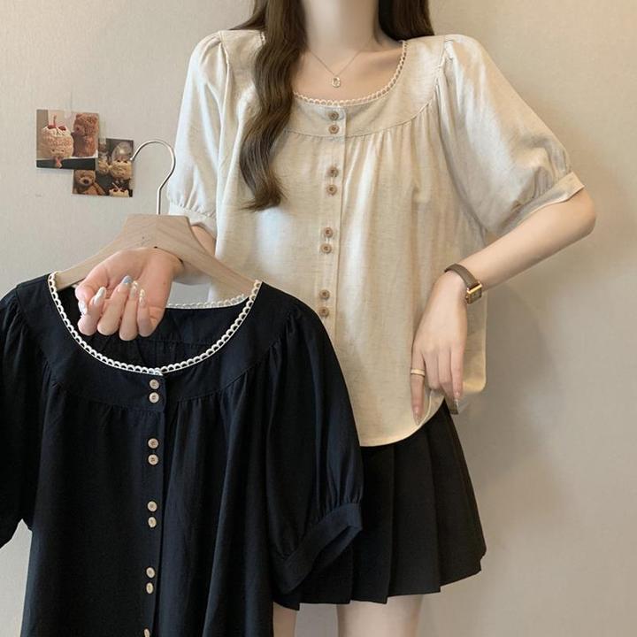 大码女装法式花边u领短袖正肩衬衫女夏季胖妹妹雪纺上衣显瘦遮肉