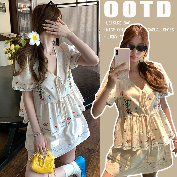 孕妇棉麻宽松遮肚套装十字绣棉感娃娃衫+A字半身裙夏日漂亮套装
