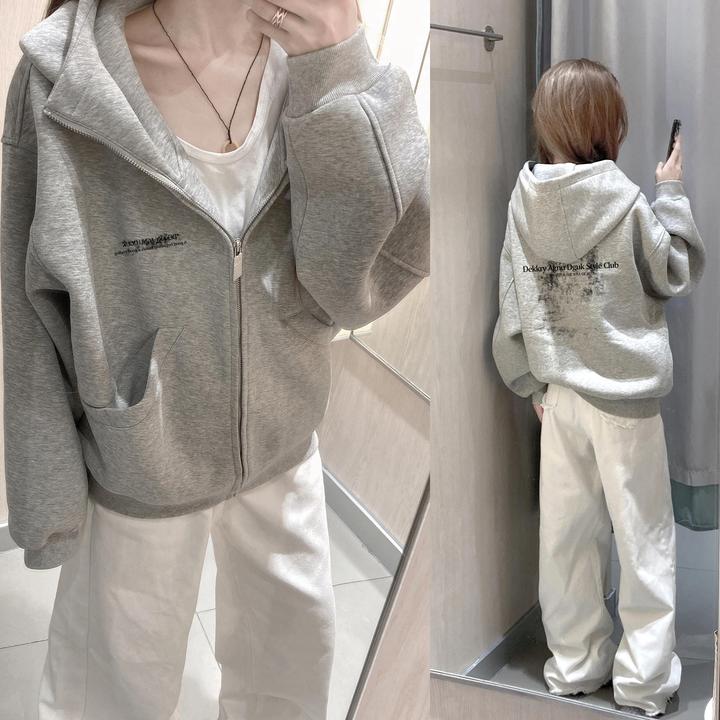 美式简约迷雾字母印花开衫连帽卫衣男女秋冬季休闲情侣拉链外套