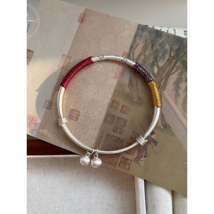 足银手镯 银9999手镯哑光复古花朵磨砂推拉口古法中式银铃铛手镯