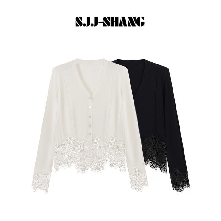 SJJ-SHANG【繁花】25早秋天丝羊毛桑蚕丝骨线蕾丝拼接开衫q135138p