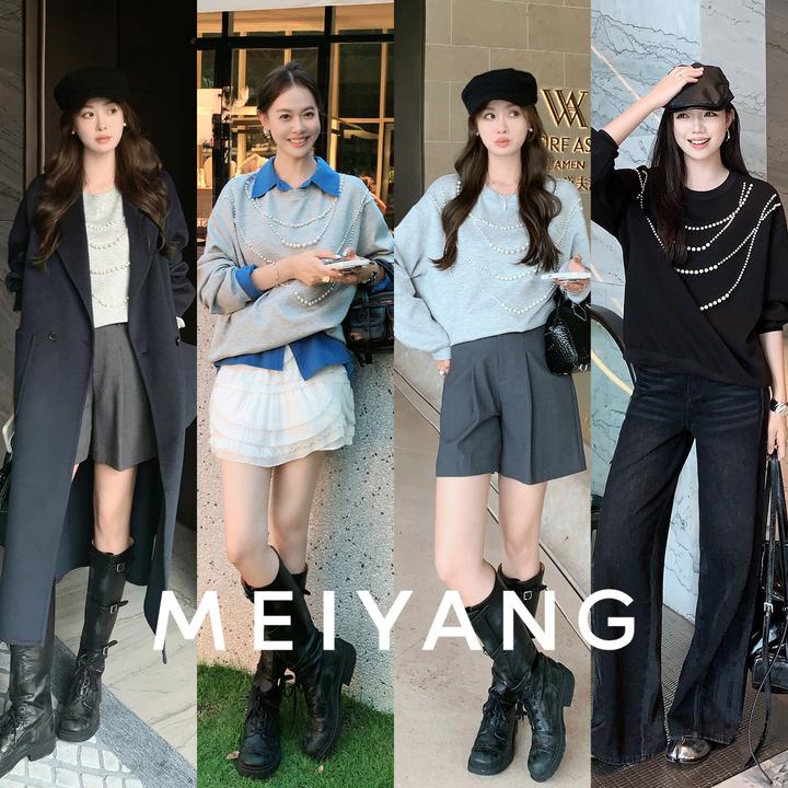 A美洋MEIYANG 珍珠卫衣【商场同款】手工钉珠休闲简约圆领上衣-周五