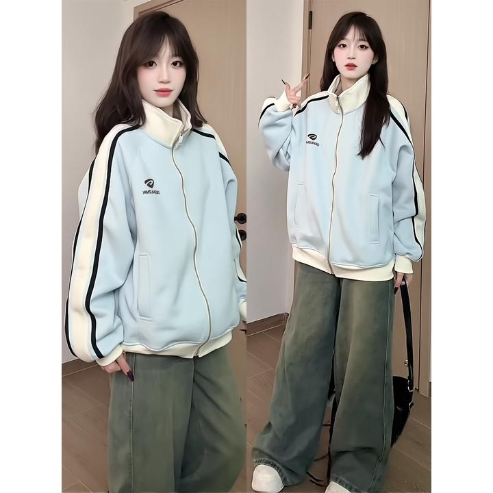 美式条纹撞色韩系立领卫衣男秋冬季2025新款加绒宽松开衫拉链外套