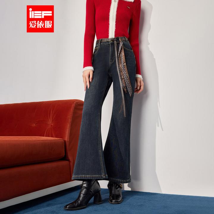 IEF/爱依服2025冬季新款韩版时尚通勤女人味修身加绒牛仔喇叭裤