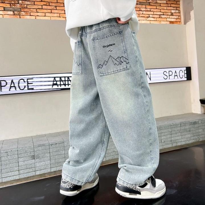 潮牌儿童牛仔裤春季新款2025男童宽松直筒长裤男孩中大童裤子春