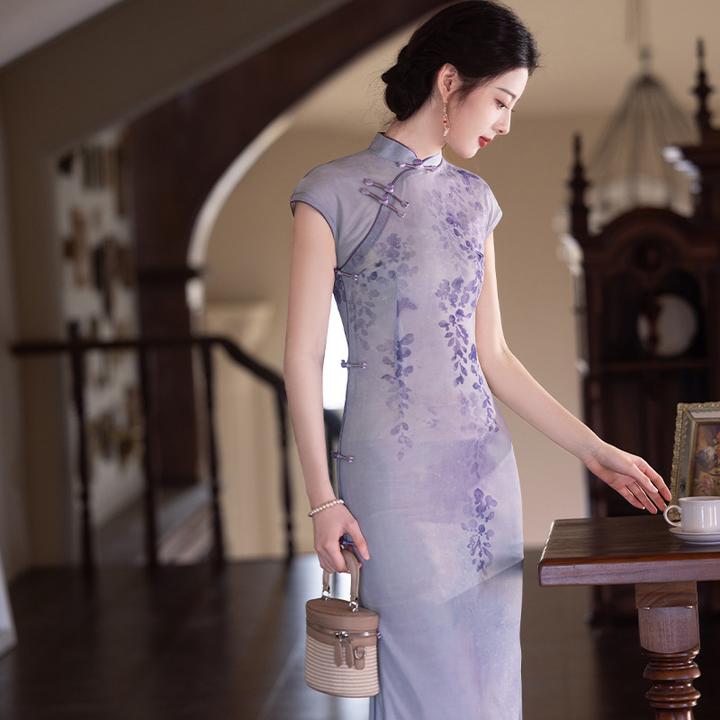 2025春夏新款旗袍新中式国风短袖紫色旗袍年轻款改良版连衣裙现货