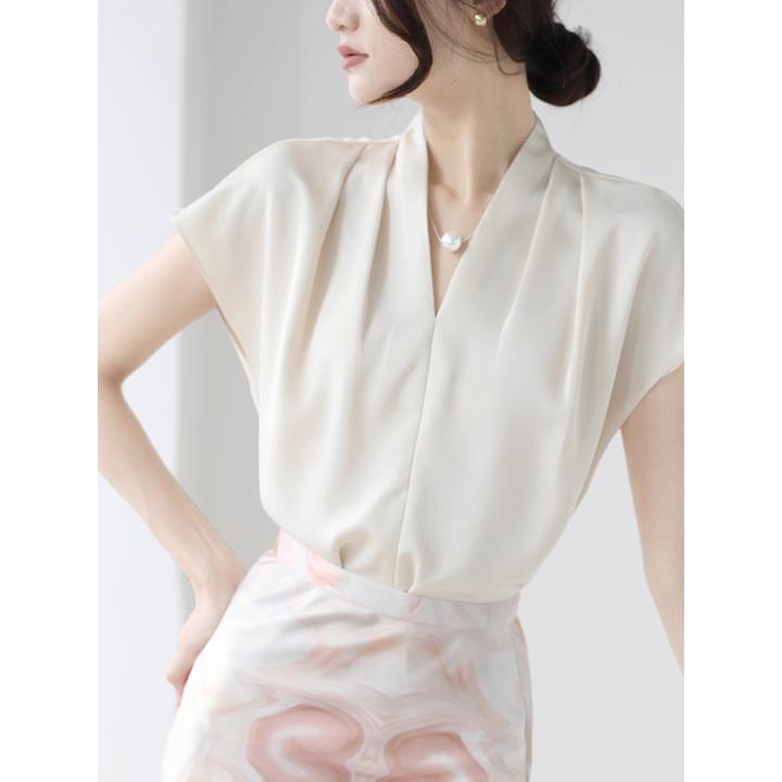 法式气质 V领珍珠链短袖衬衫女2024夏季洋气休闲职业高级感上衣女