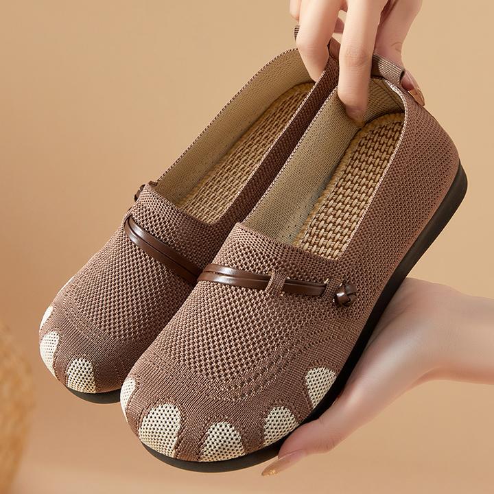 鞋子女休闲新款平底浅口一脚蹬妈妈鞋女鞋软底飞织网面透气不累脚