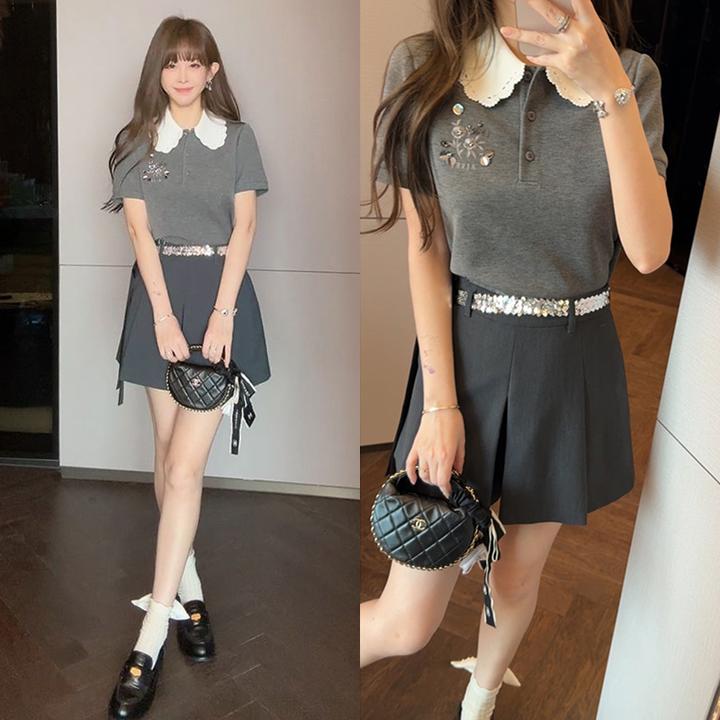 【mimius】P 夏日漫游娃娃领重工钉珠短袖上衣+短裤(含腰带) G07324