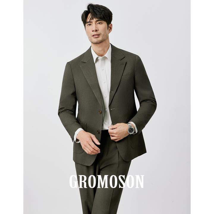 高端商务绅士 秋季免烫羊毛西装男士修身时尚正装婚礼西服套装男