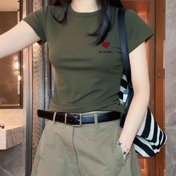 潮流韩系夏季百搭t恤女修身显瘦圆领短袖复古军绿色正肩新款上衣