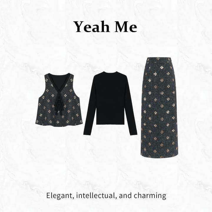 Yeah Me/也觅【菲戈利亚】秋季新款法式古典烫金花纹半身裙百搭套装