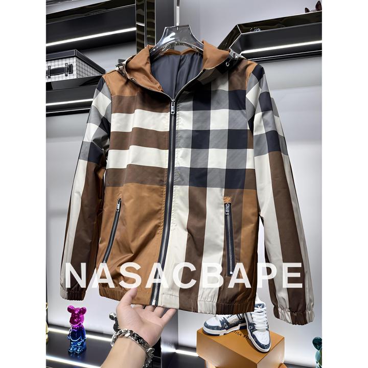 轻奢欧洲站潮牌连帽夹克男士2025秋季新款宽松休闲格子印花外套衣