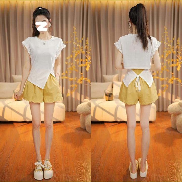 白色荷叶边短袖T恤女2025夏季新款法式小众修身显瘦后背绑带上衣