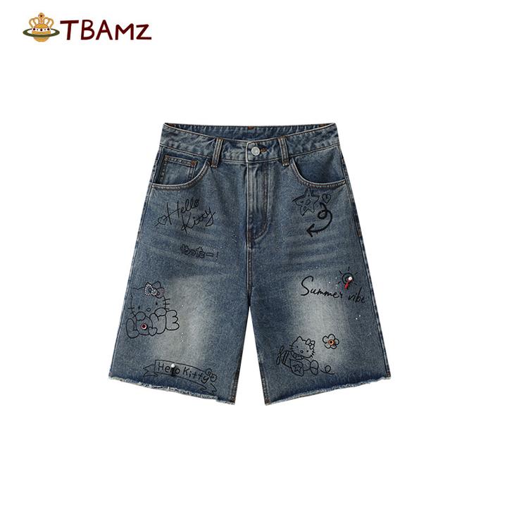 TBAMZ 美式街头Kitty涂鸦印花洗水牛仔中裤 7225DK114