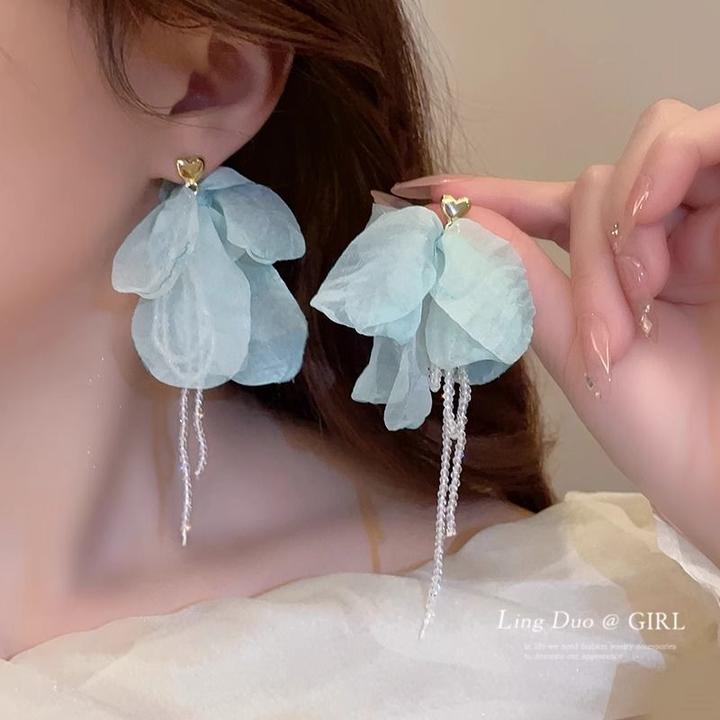 薄荷曼波花朵流苏耳环2025新款爆款高级感气质耳钉设计感夏季耳饰