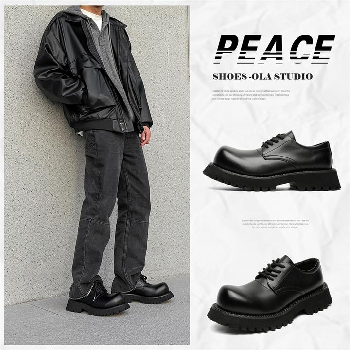 2024新款增高黑色德比鞋大头皮鞋男厚底翘头英伦通勤鞋