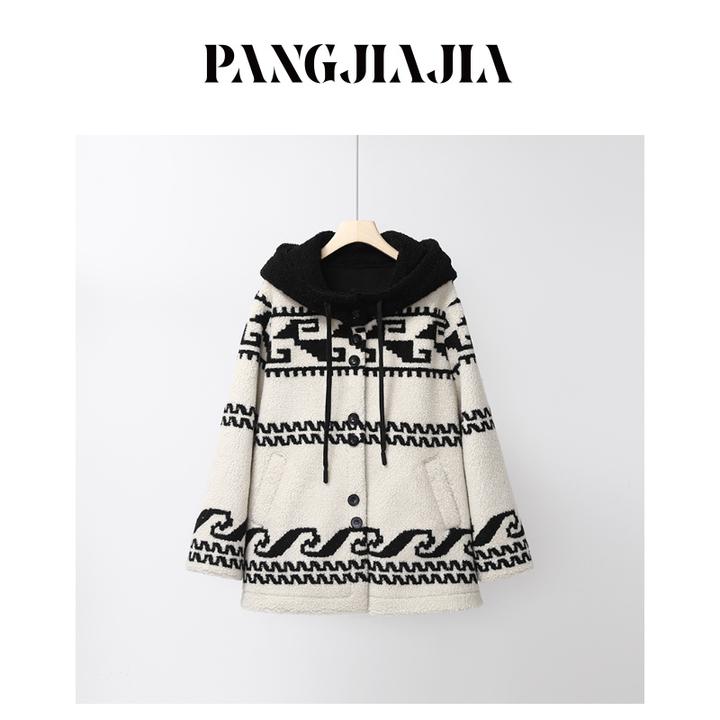 【胖佳佳】冬至物语 羔毛外套冬季复古撞色连帽上衣女H625R20550