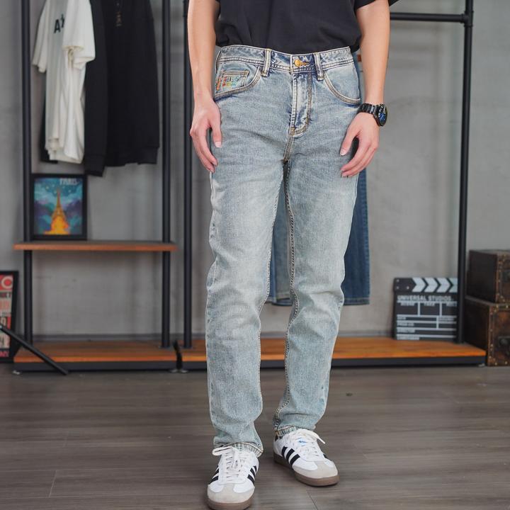 DH81066潮流砂洗春夏男士美式修身轻怀旧浅蓝牛仔裤水洗男小直筒