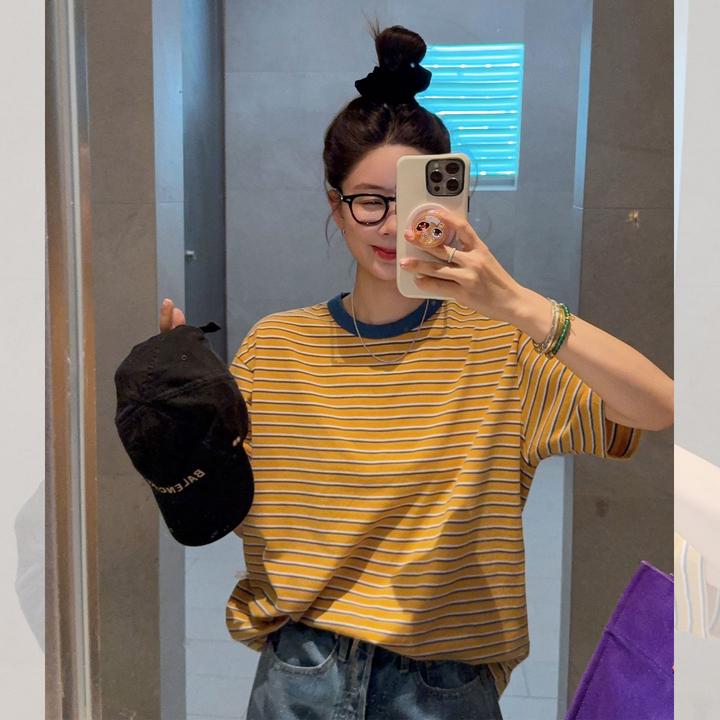 莉贝琳sisy店主自留~条纹T恤180g全棉宽松圆领短袖上衣S25206TS07
