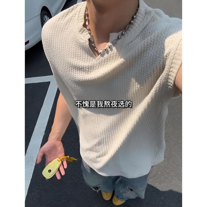 夏季薄款小袖口无袖T恤美式凉感V领褶皱背心男款小领口运动打底衫