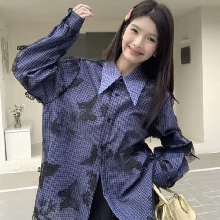 高级感网纱拼接假两件长袖衬衫女翻领休闲设计感上衣