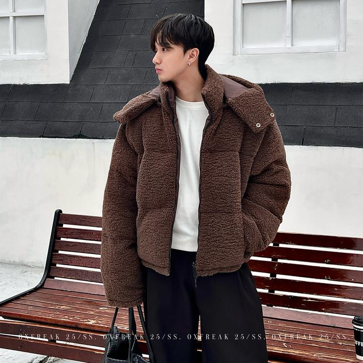 OXFREAK「可拆卸帽子」咖色仿羊羔毛棉服男连帽冬季加厚保暖外套