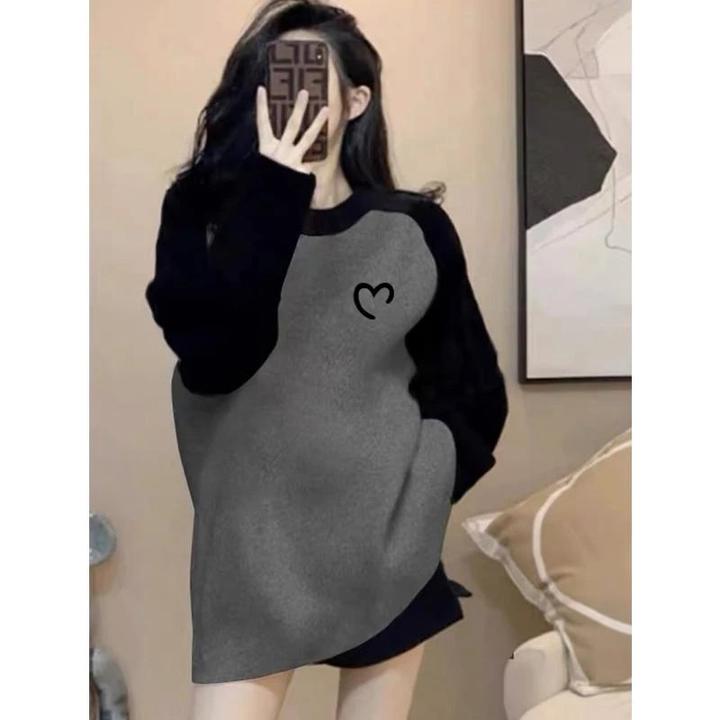 德绒磨毛保暖中长款遮屁股插肩拼接撞色长袖t恤女宽松打底衫秋冬