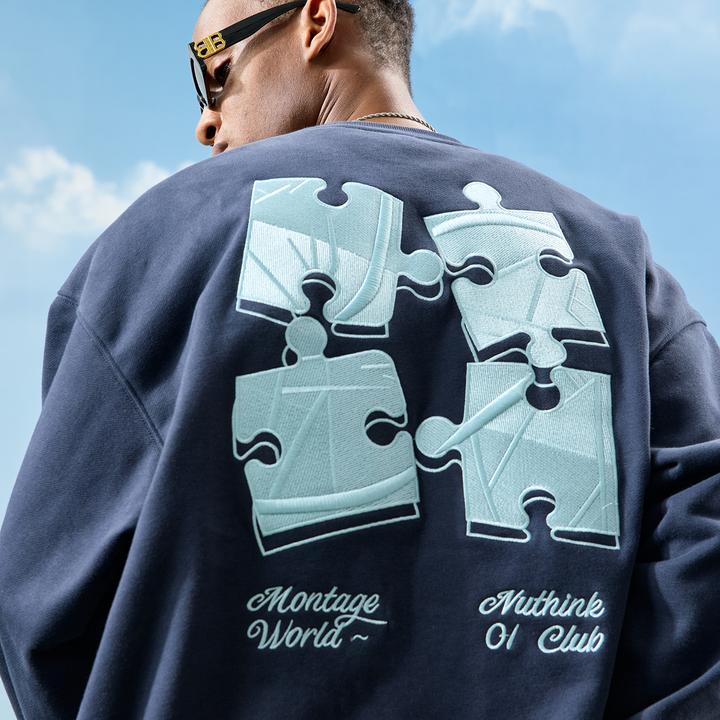 Nuthink美式重磅刺绣拼图圆领卫衣潮牌宽松外套男女2025秋季新款