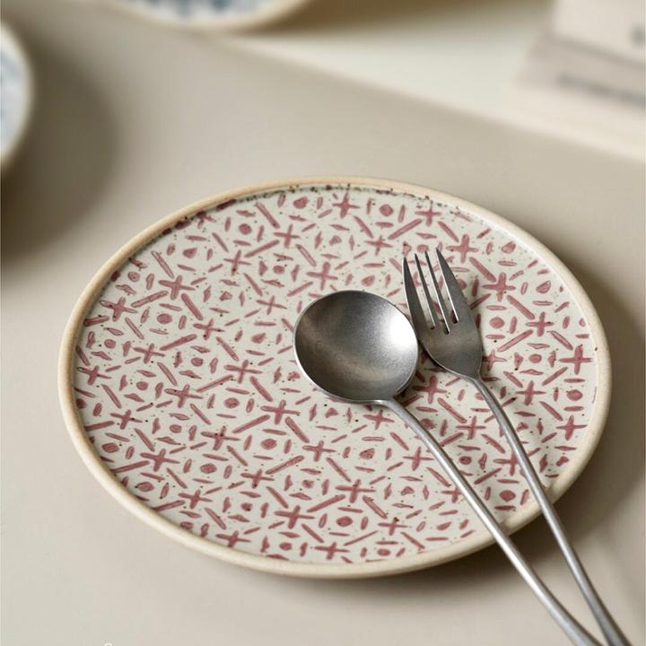 手作圆形陶瓷餐盘简约.家用青花铁锈红早餐盘菜盘复古盘子/出丹麦