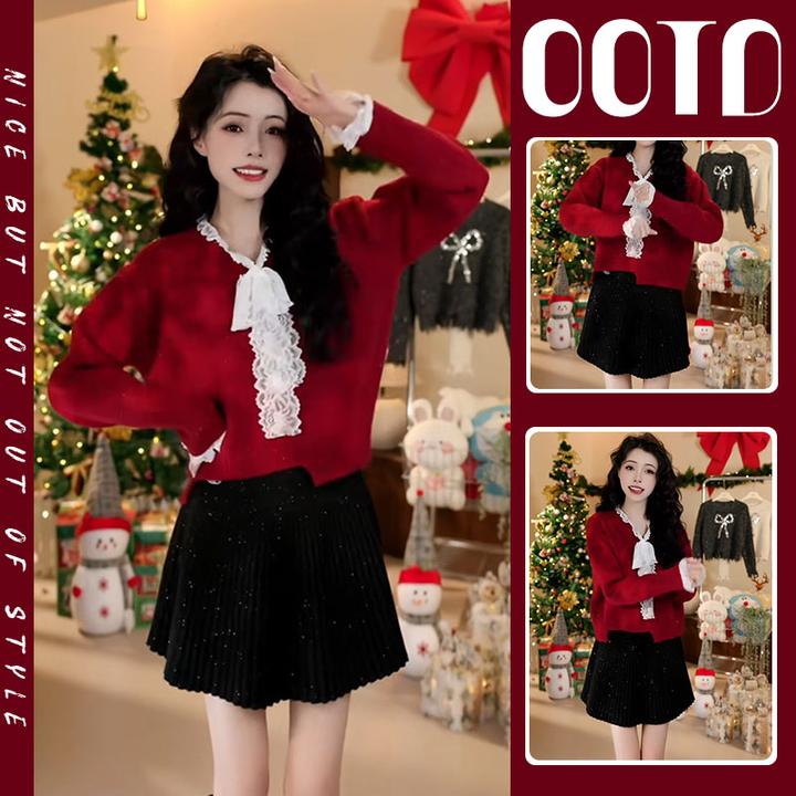 新年一整套女装2025新款韩版不规则蕾丝蝴蝶结针织时尚短裙两件套