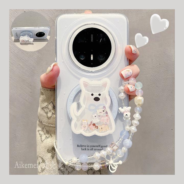 适用华为mate70pro+手机壳泼墨英文Mate60pro+小狗摇摇乐磁吸支架