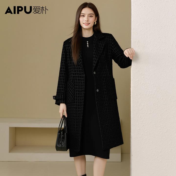 爱朴大码女装2025年冬高级感格子毛呢大衣胖mm显瘦高端外套23549