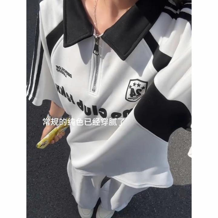 黑白拼接polo领短袖男款夏季美式半拉链棒球t恤重磅潮牌运动半袖