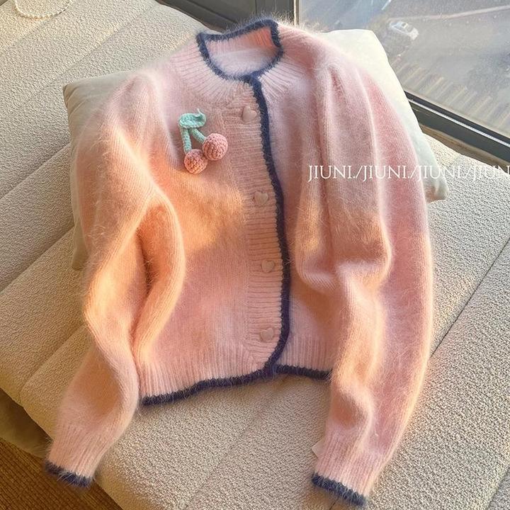 貂绒毛衣女樱桃针织开衫外套女秋冬新款甜美软糯毛毛上衣