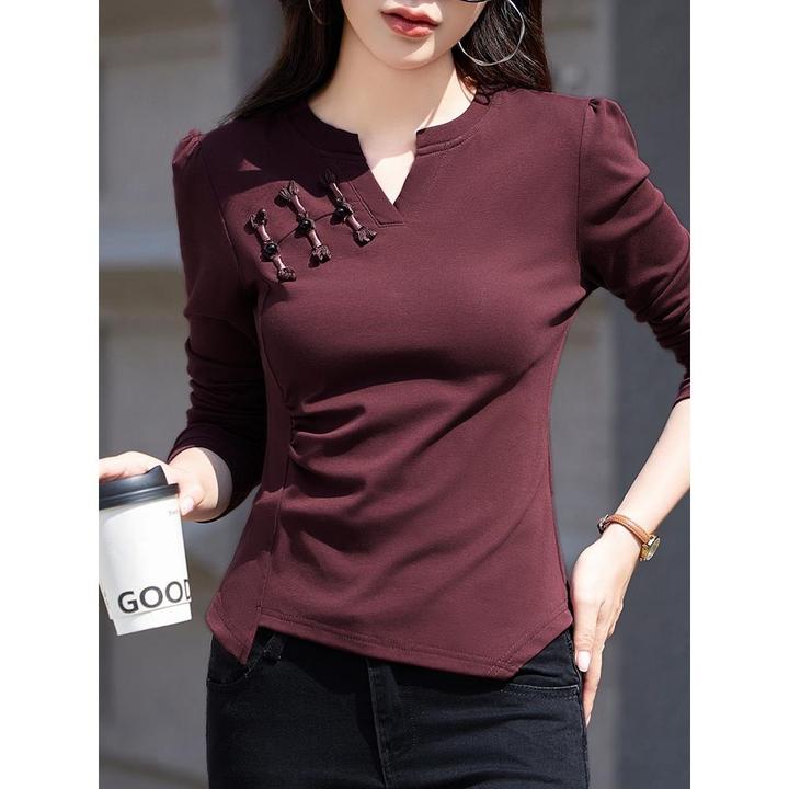 小个子V领长袖t恤女2025秋季新款修身打底衫盘扣中式改良别致上衣