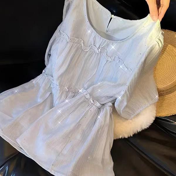 法式气质设计感镶钻荷叶边衬衫2025夏季新款宽松短袖套头气质上衣