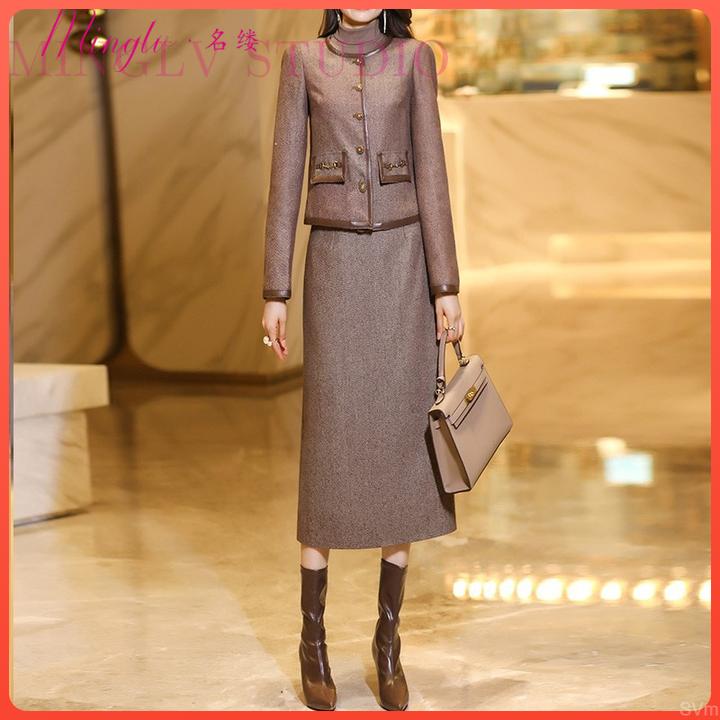 2025年春秋季棕色时尚套装女新款气质减龄轻奢呢小香风两件套裙