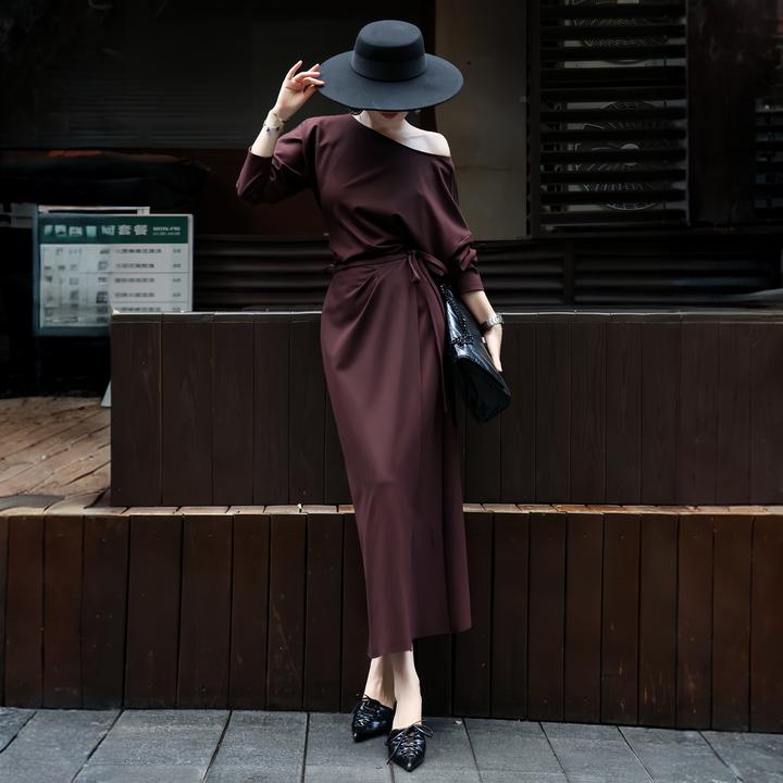 欧货高定优雅简约套装女2025初秋新款圆领露肩收腰半身长裙两件套