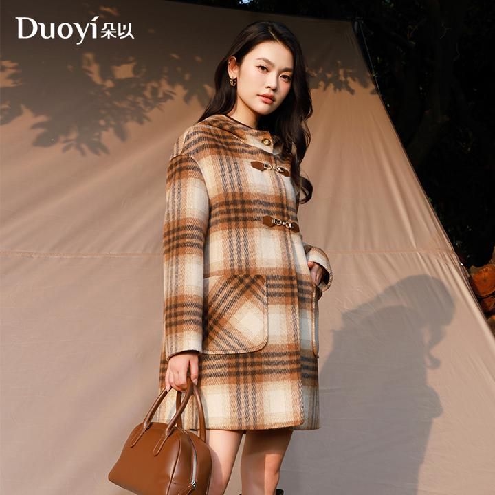 朵以2025秋冬新品格子连帽学院风双面呢大衣39DD730075