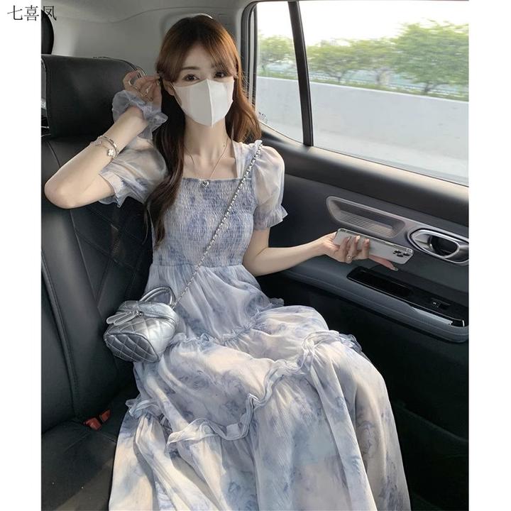 夏季新款显瘦复古风连衣裙高腰U领碎花通勤仙气短袖森系法式裙子